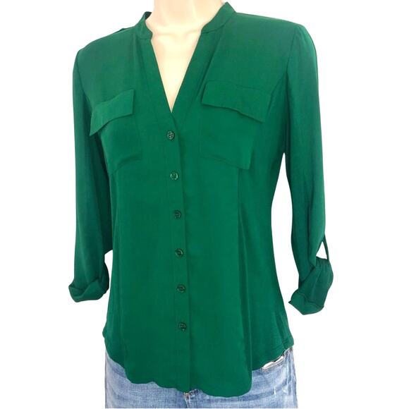 INC International Concepts Tops - INC International Concepts Mixed Media Kelly Green Button Front Blouse